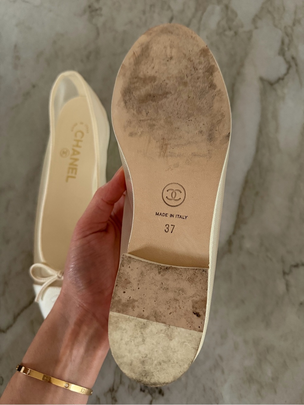 Chanel Ivory Mesh & Grosgrain Ballet Flats Size 37 - Picture 4 of 7